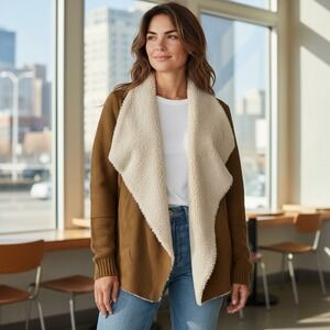 Sebby Collection Women's XL Brown Faux Fur Trimmed suede knit Cardigan Sweater